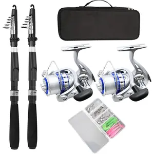 Fishing Pole Combo Set,2.1m/6.89ft 2PCS Collapsible Rods 2PCS Spinning Reels Lures Set Carrier Bag Carbon Fiber Telescopic Fishing Rods Sea Saltwater Freshwater Kit Fishing Rod Reel Combos