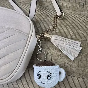 100% Pure Cotton Round Knitted Coffee Cup Keychain, Tassel Charm Fashion Accessory, Keychain Bag Pendant for Daily Bag Attachment