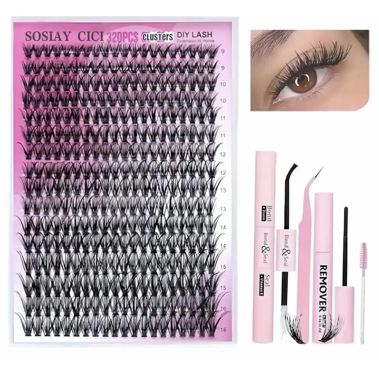 SOSIAY CICI DIY Lash Extension Kit, 320PCS Individual Lash Clusters with Bond Seal Remover, Beginner Friendly Waterproof Long Lasting Lashes