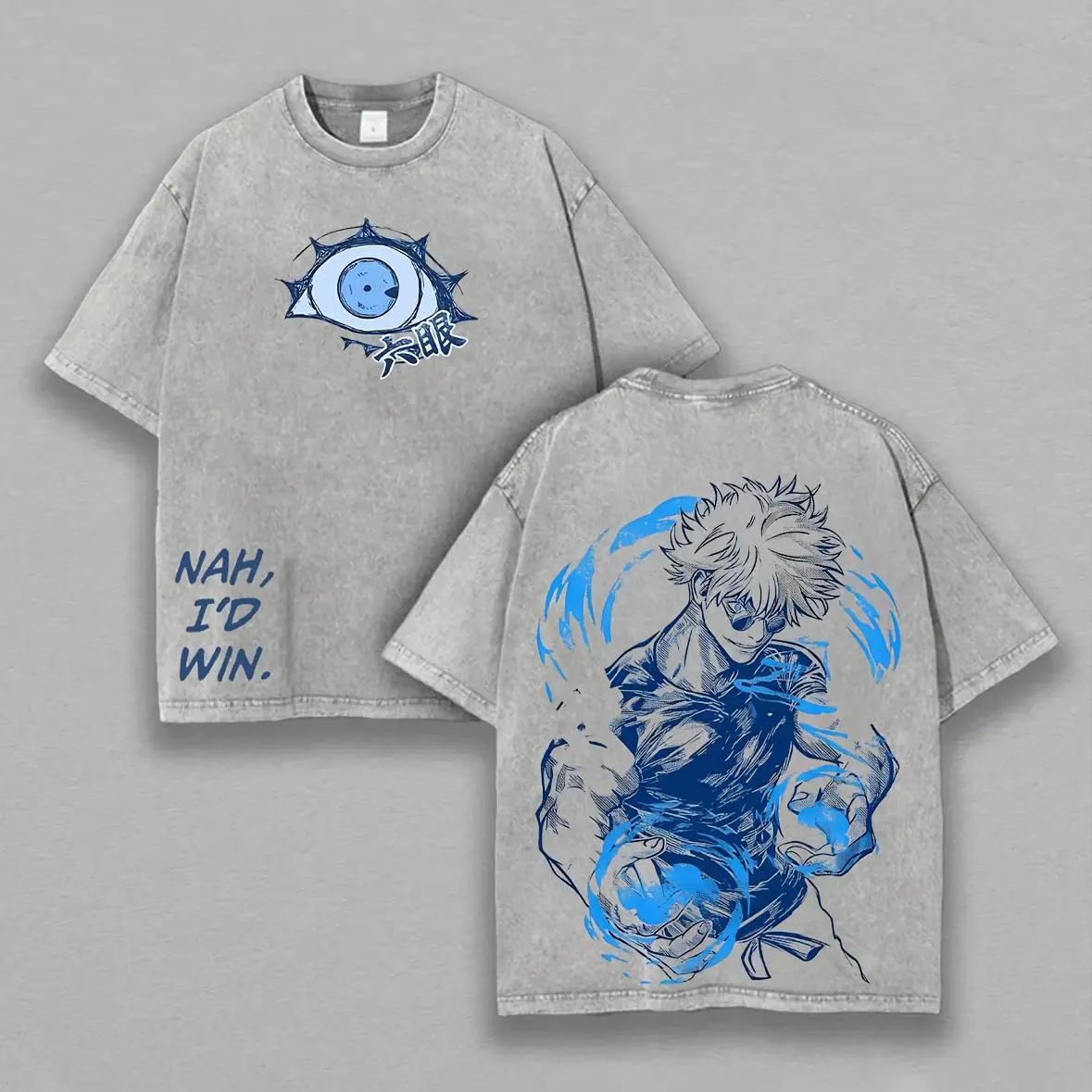 Men's Aesthetic Vintage Jujutsu Kaisen Gojo Satoru Printed Crew Neck Short-Sleeve T-Shirt - Washed, Distressed, Figure-Flattering Unisex Casual All-Seasons Top (B1)