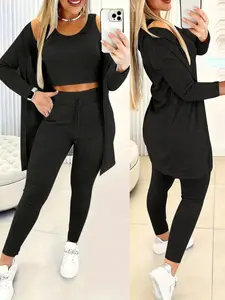 Women's Solid Color Tank Top & Pants & Outwear Lounge Set Outfit, Casual Comfy Loungewear Set for Daily Wear, Ladies Sleepwear for All Seasons