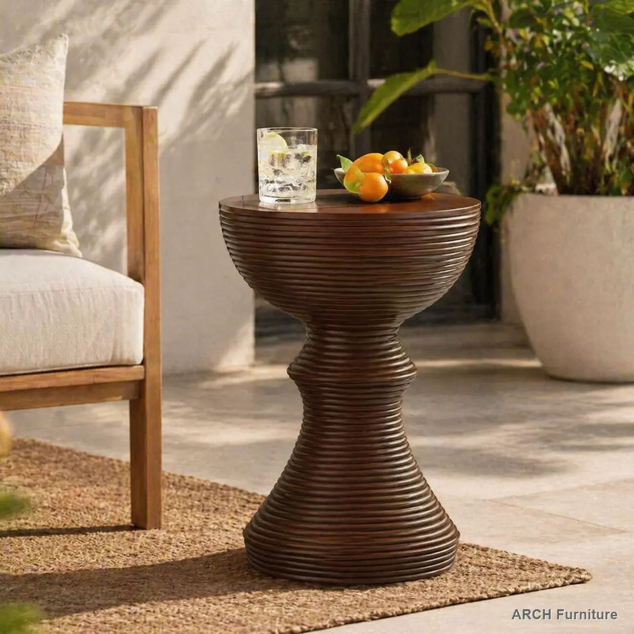 16x16 in Modern Rustic Ribbed Texture Brown Concrete Outdoor Side Table - Hourglass Design, Flared Base, Home Outdoor Furniture, Patio Furniture, Lightweight Table, Weather Resistant, Garden Accent, Lightweight Outdoor Table