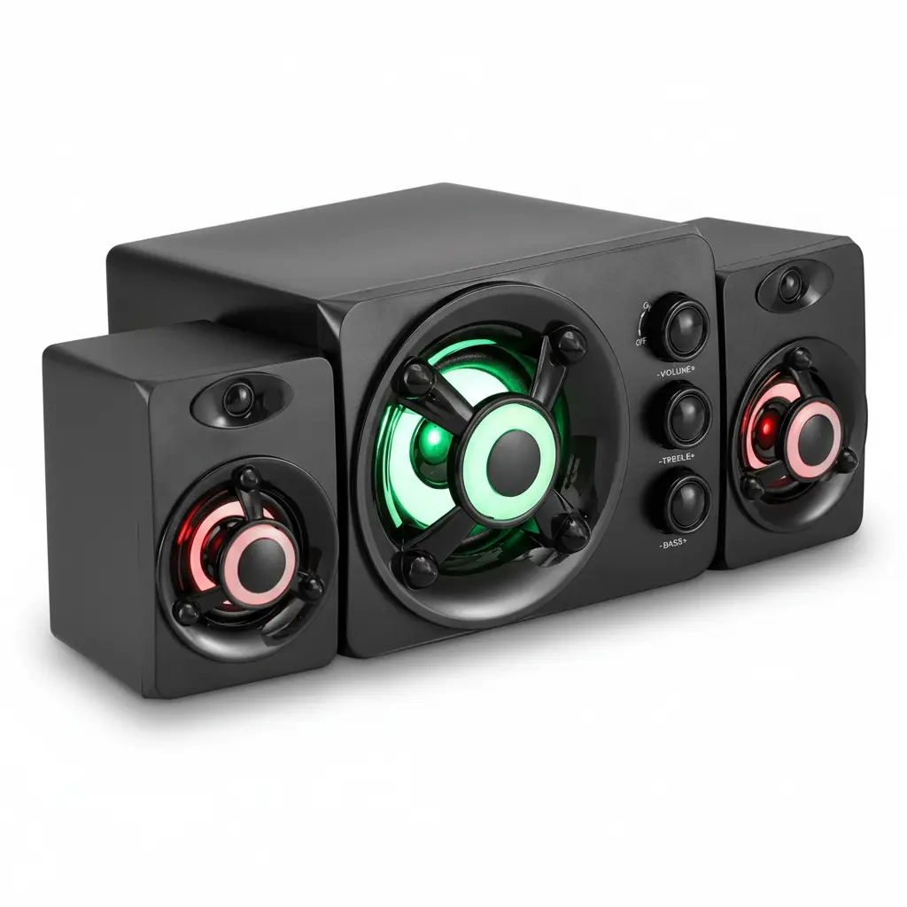 USB-Powered Desktop Computer Speakers with 3.5mm Aux Cable Port, Adjustable Volume Control, Colorful RGB Lights, Wired Connectivity for Mobile Laptops Tablets