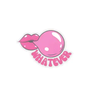 Pink Kiss Bubble Gum Stickers - Glossy Vinyl Decorative Stickers with Smooth Finish and "WHATEVER" Text