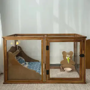 Vintage Solid Wood Dog Playpen with Pet Bed, Stylish Indoor Dog Fence & Safe Play Area for Small & Medium Dogs, Home, Decor Pet Furniture, Portable Indoor & Outdoor Puppy Fence, Pet Play Fence, Durable Puppy Play Fence