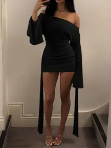 Elegant Asymmetrical Long-Sleeve Short Dress, Tie Front Party Dress, Spring & Fall Women's Fashion, Chic Design for Weddings and Parties