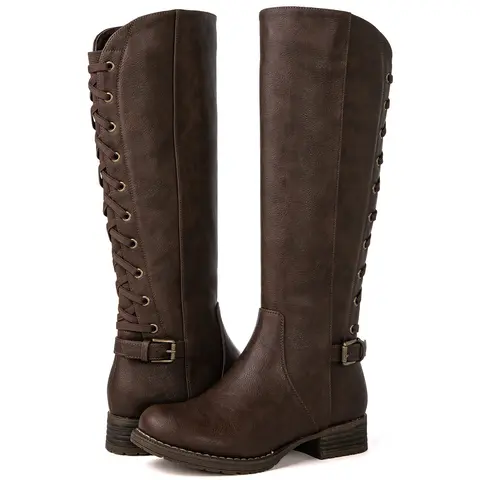 GLOBALWIN Women's Knee High Biker Rider Style Boots - 1.5in Subtle Heel, Strappy, Round Toe, Side Zipper, Zip-Lace, Lace-Back Detail, Fall Winter Street Wear Women's Shoes
