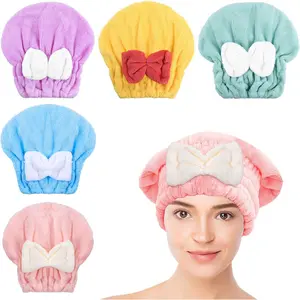 Microfiber Hair Drying Caps, 5-Pack Extra Soft and Ultra Absorbent Fast-Drying Hair Turban Wraps, Shower Caps for Girls and Women with Cute Bowtie Design (11" L x 10" W)