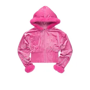 Shanika Pink Velour Crop Hoodie With Fur Hood