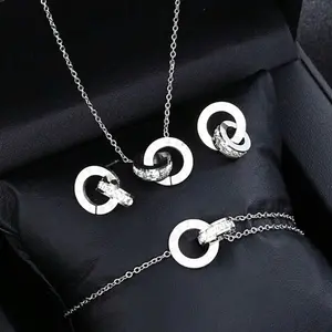 Stainless Steel Golden Plated Interlocking Circles Infinity Style Roman Numbers Collar Necklace Bracelet Earring Jewelry Set