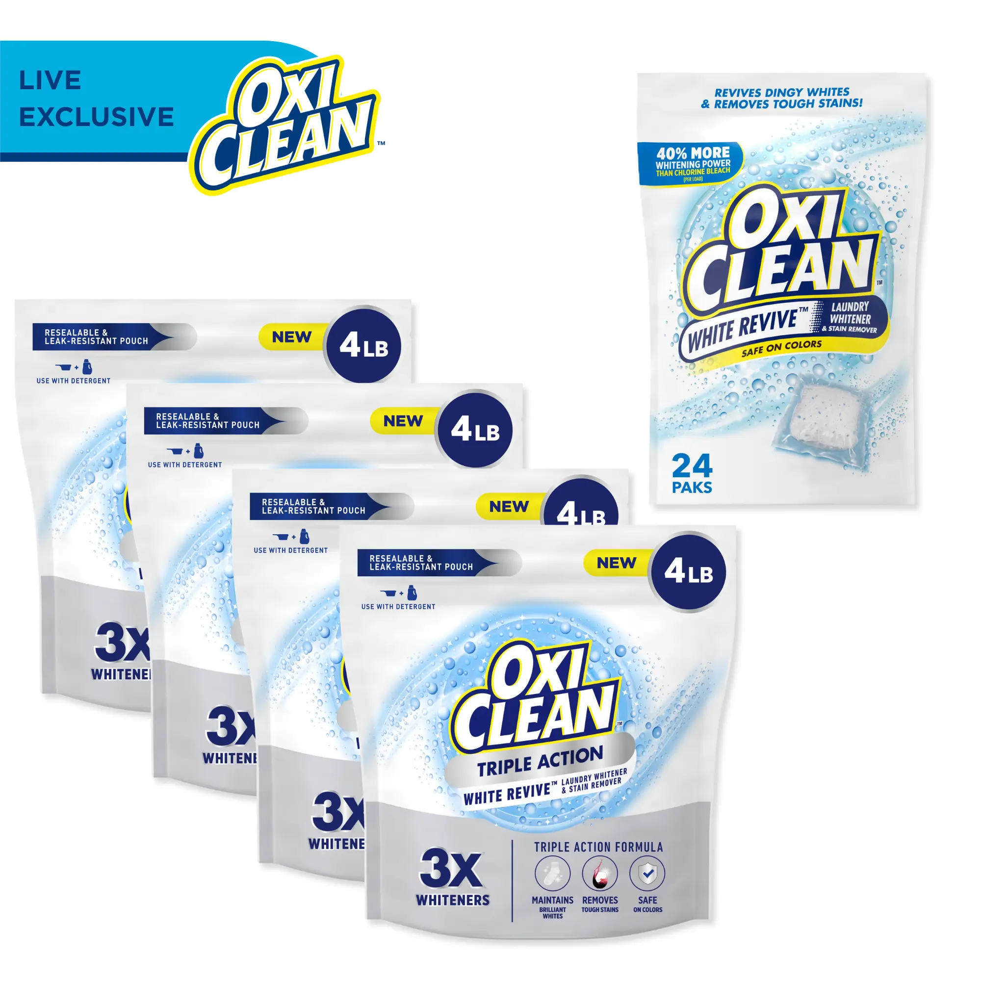 OxiClean LIVE White Revive Triple Action Laundry Whitener Powder, 4lb + White Revive Power Paks 24ct