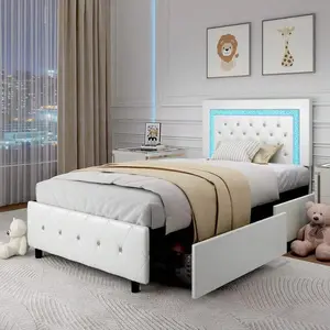 Twin Size LED Bed Frame, Upholstered Plarform Bed Frame With Storage Drawers, Modern Pink Bed Frame For Kids, Twin/Full/Queen/King, Pink/Black/Yellow/White