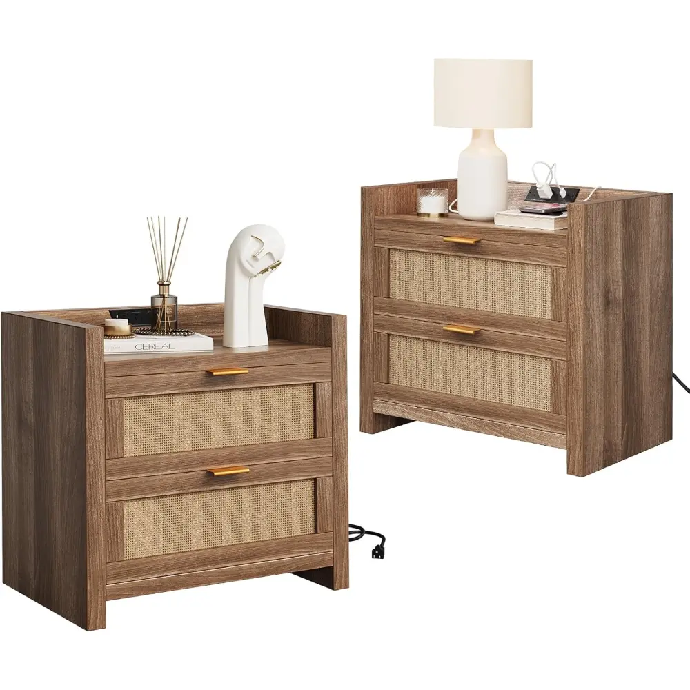 Bohemian Style 2-Piece Walnut Rattan Nightstand Set with USB Ports, 2-Drawer MDF Board Indoor Side Tables for Bedroom, Living Room