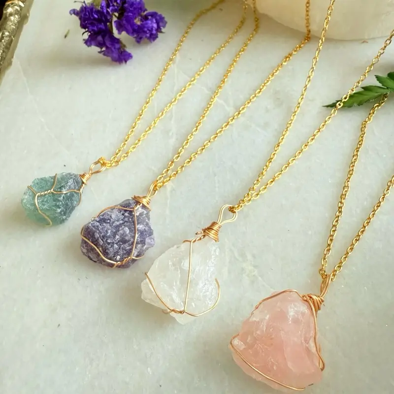 Gold Wire Wrap Crystal Necklace, Wired Necklace, Inspired Necklace, Raw Crystals, Raw Crystal-Pendant, Rose Quartz Necklace
