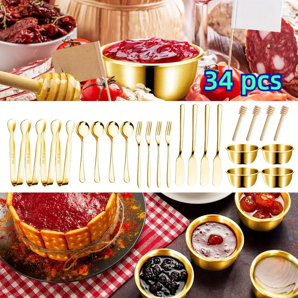 Stainless Steel Charcuterie Board Accessories Set - Cheese Spreaders, Forks, Spoons, Mini Serving Tongs, Honey Dippers, Sauce Cups, Toothpick Flags Charcuterie Tableware, Cutlery