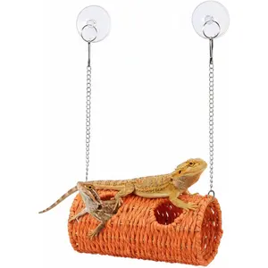 Reptile  Cave Hollow Cave Hideout with 2 count Suction Cup and Chain Gecko  Reptile  Decor Seagrass Fiber Climbing  for Lizard Snake Hermit Crab (Long Cylindrical,Orange)