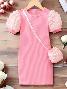 Girl's Puff Sleeve Ruffle Dress with Crossbody Bag, Elegant Solid Color Round Neck Dress for Party Holiday Wedding Guest, Kids Summer Clothes, Frilled Dress