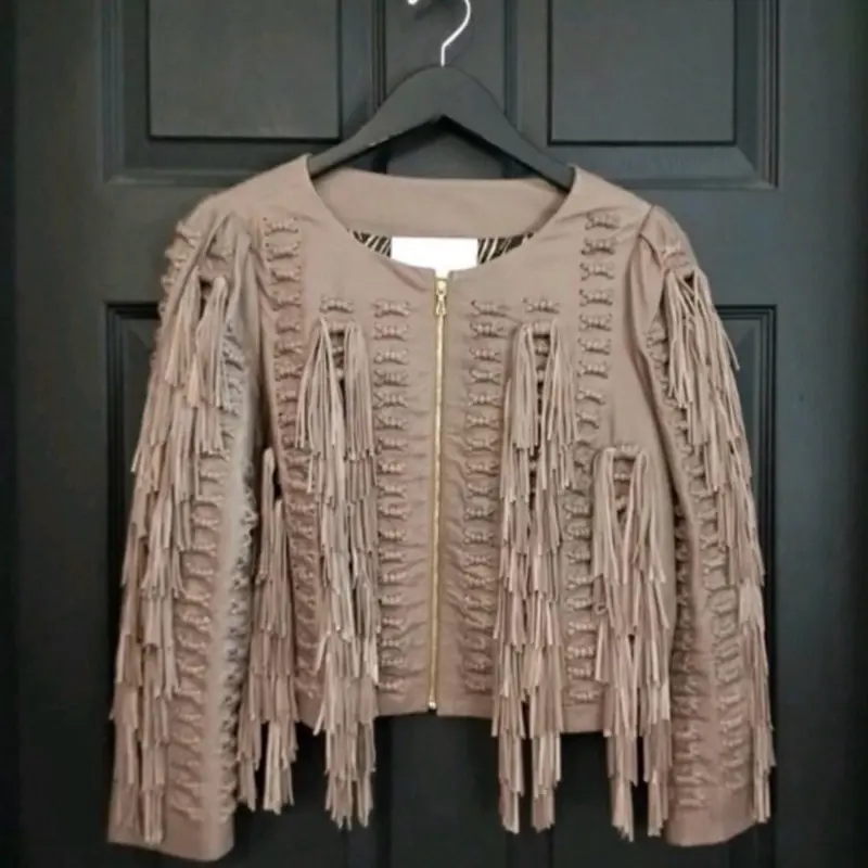 Leifsdottir Taupe Fringe Lambskin Leather Jacket/size:4