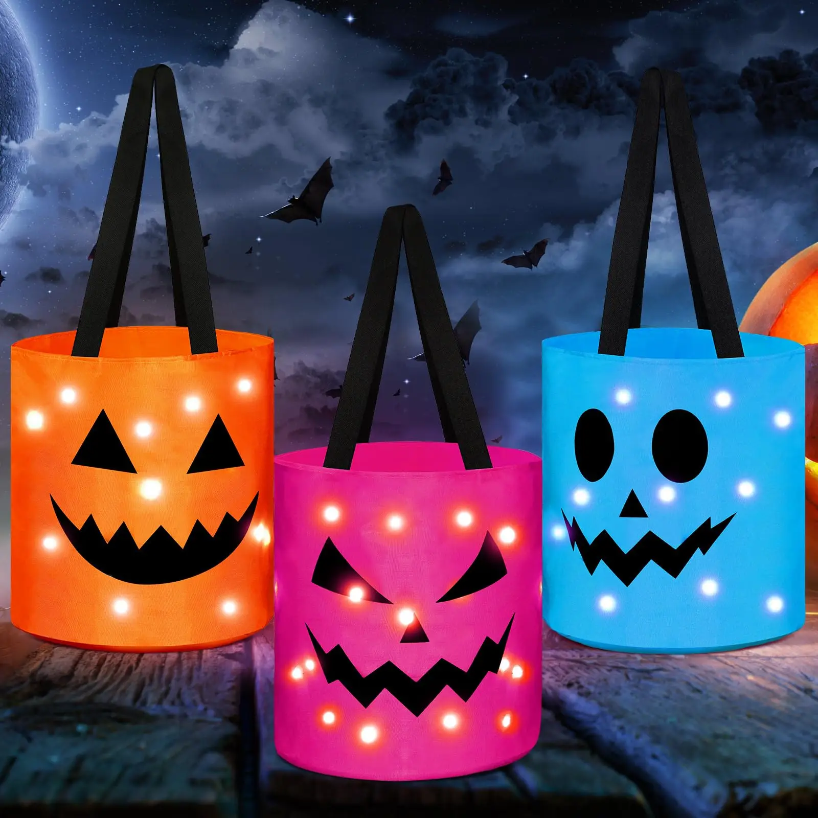 3/4 Pcs Halloween Candy Bucket with LED Lights Non Woven Gift Bags Trick or Treat Bags Pumpkin Candy Bags Reusable Tote Bags for Students Adults,Night