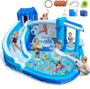 Inflatable Water Slide, Bounce House with Slide for Kids, Inflatable Waterslide Park with Splash Pool, Basketball Hoop, Ball Shooting & Water Cannon for Backyard, Outdoor, Indoor summervibes