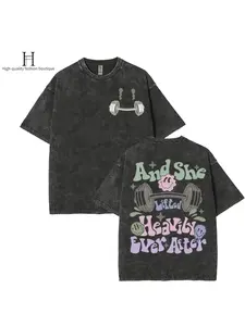 Groovy "Lifted Heavily Ever After" Barbell Tee - Washed Black Retro Gym Streetwear,Casual Daily Wear- Men's & Women's Oversized Heavyweight t-shirt for TikTok Fashion Hip Hop,NEW TEE,Sports Shirt,Workout T-shirt,Gift for Him / Her Inspirational Shirt