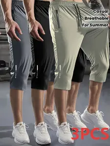 Men’s 3-Pack High-Stretch Ice Silk Shorts with Drawstring and Pockets, Breathable Nylon Blend, Suitable for Summer Casual Sports, Fitness Training, Lightweight and Elastic Design