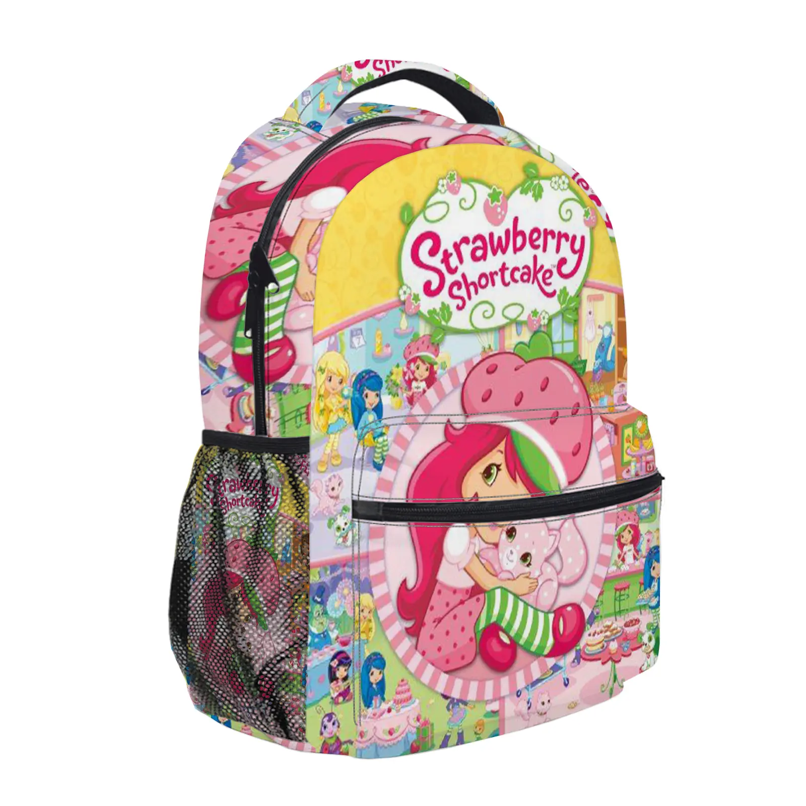 Strawberry Shortcake Backpack for Girls, Y2K Fashion School Bag with Mesh Side Pockets, Aesthetic Cartoon Bookbag for Teens, Kids Lightweight Travel Daypack for Back to School b-216