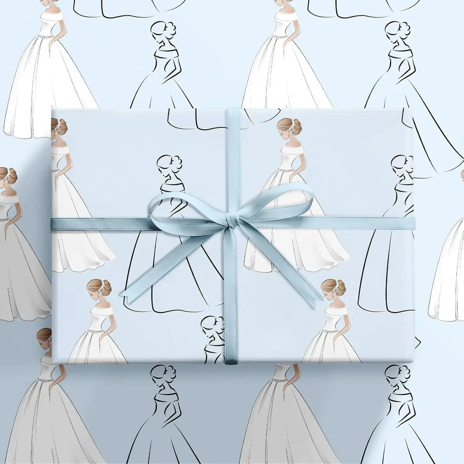 Elegant Bride & Wedding Dress Illustration Light-Blue Wrapping Paper Roll, Gift Wrap for Wedding & Anniversary Presents