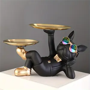 Fashionable Chic French Bulldog Figurine Dog Decor with Golden Accents - Stylish Resin Dog Sculpture Tray for Candy, Keys, Jewelry & More | Contemporary Home Decor for Living Room, Bedroom, Office | Unique Gift for Festivals, Best for Christmas