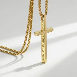Titanium Steel Scripture Engraved Cross Necklace Minimalist Christian Faith Jewelry for Men & Women Durable Everyday Wear Accessory Versatile Cuban Link Chain Exquisite Religious Gift Unisex Design