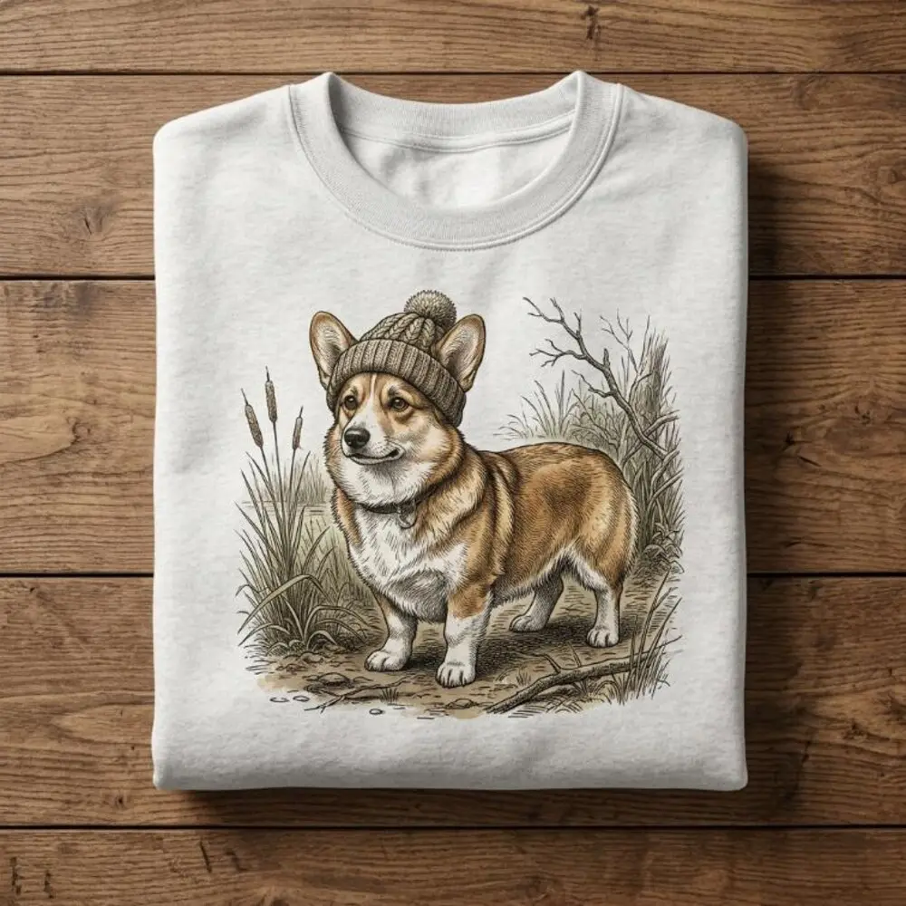 Women's Poly-Cotton Fitted Crew Neck Corgi Hoodie Sweatshirt - Vintage Retro Nature Sketch Digital Graphic Print, All Seasons, Corgi Beanie Hat Included, Dog Lover Gift #53, Hand Wash Only, Do Not Dry Clean, Digital Print, Fitted Cut