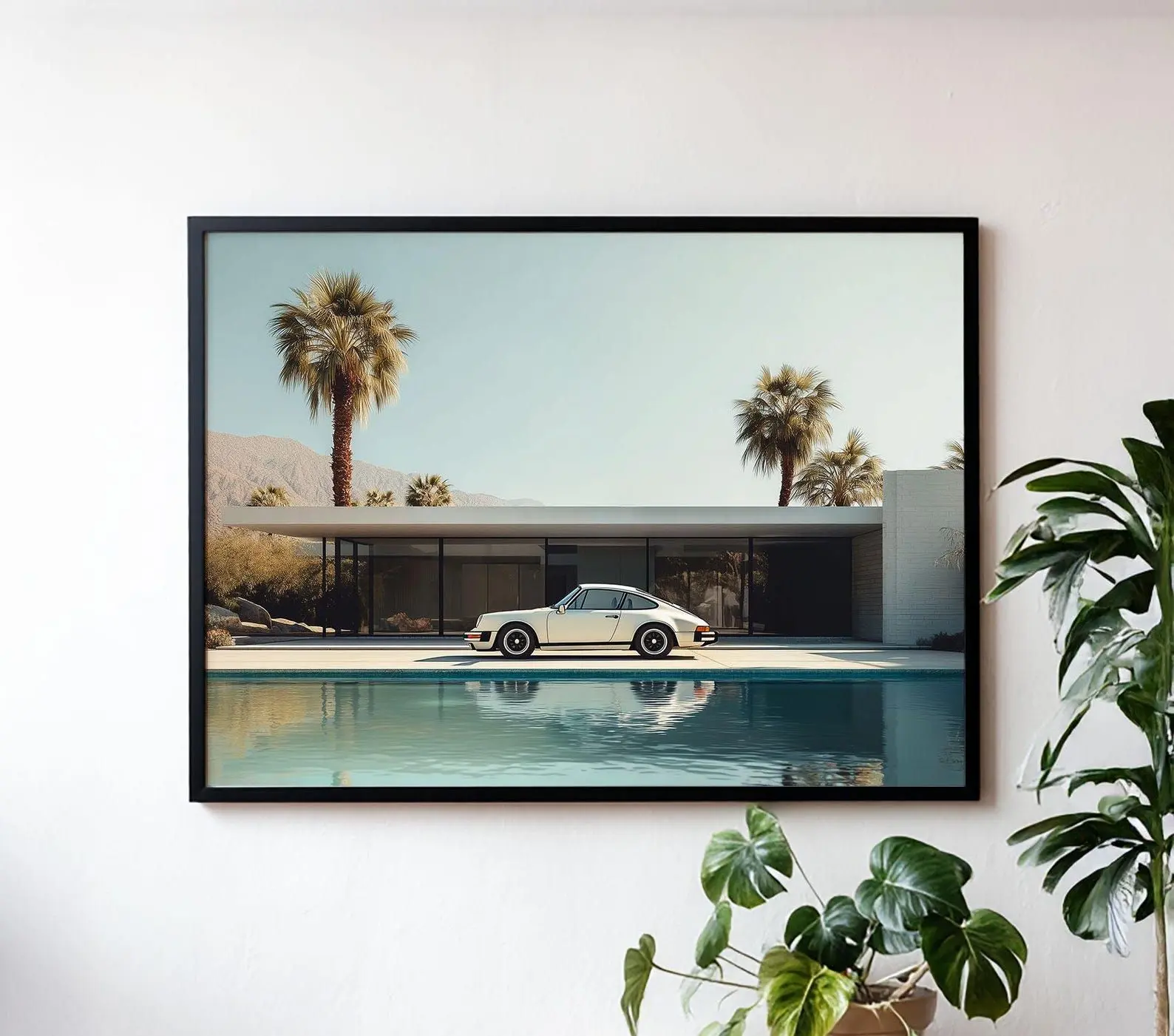 [SALE UP TO 50% + FREE SHIP] Vintage Porsche by Palm Springs Pool Aesthetic Wall Art Luxury Car Scenic Landscape Minimalist Poster Mid-Century Modern Car Lover Print