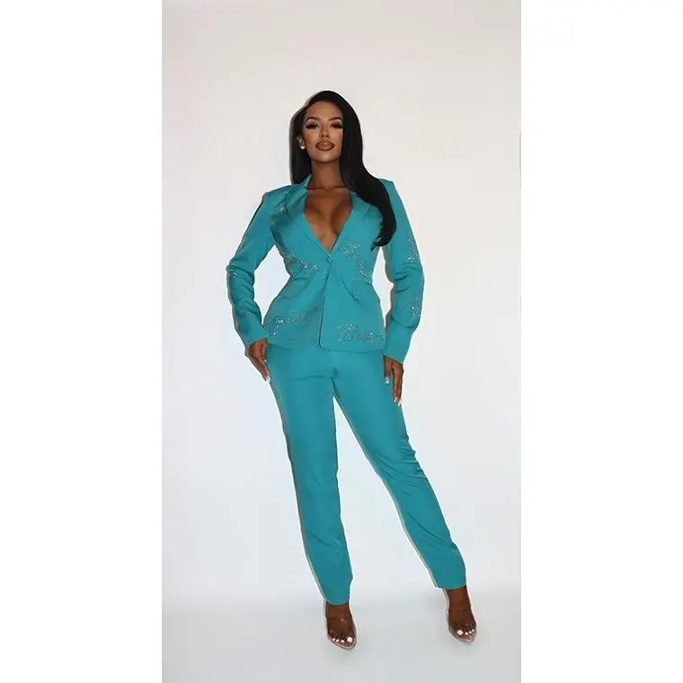2 Piece Powersuit Blazer & Pants Set With Rhinestone Letterings On Blazer Polyester Spandex