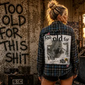 Too Old For This Sh*t Flannel – Upcycled Blue Plaid | Broken Bandit (Unisex S/M)