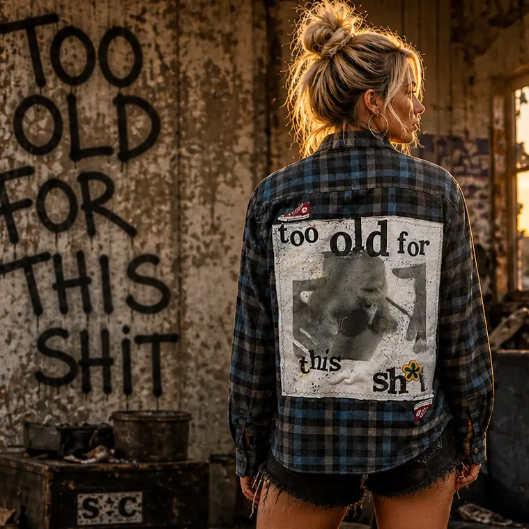 Too Old For This Sh*t Flannel – Upcycled Blue Plaid | Broken Bandit (Unisex S/M)