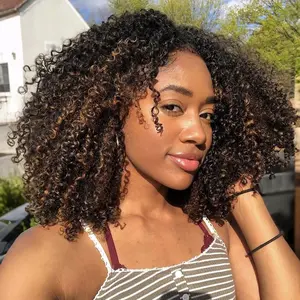 [3 In 1 Half Wig] OQ HAIR Afro Kinky Curly Glueless Ombre Brown Wig With Black Roots Natural Blend Wear Go Half Wig Human Hair With Drawstring Invisible Hairline