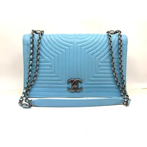 Pre-owned CHANEL Light Sky Blue Korean Garden Flap Bag Quilted Leather with Chrome Hardware Chain Strap Twist Lock Closure 25cm x 15cm