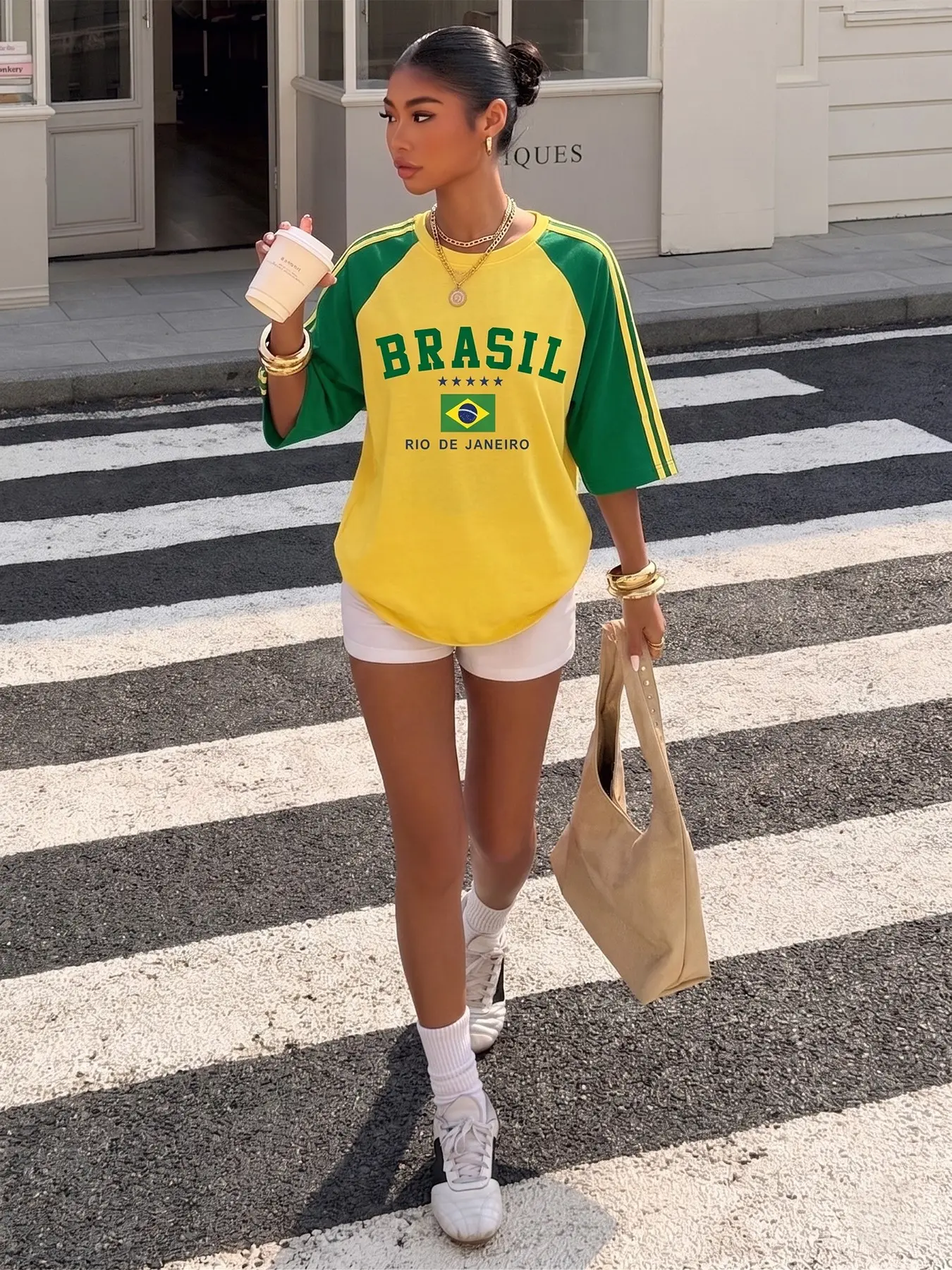 Women's New Brazilian Print Colorblock Casual Streetwear Summer Fashion Top, Ny Style Letter Print T-Shirt, Casual Stylish Tee, Comfortable & Stylish for Daily Wear