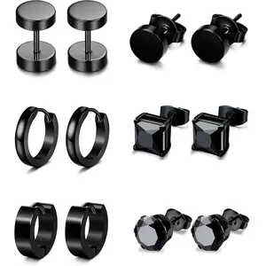 CASSIECA 6 Pairs 316L Stainless Steel Black Cubic Zirconia Hypoallergenic Stud Earrings Jewelry for Men, Fashion Accessories Summervibes