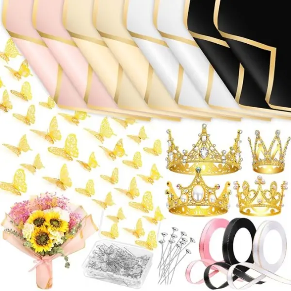 195Pcs Flower Bouquet Accessories Supplies, 40 Flower Wrapping Paper, 4 Gold Crowns, 48 Butterfly Decorations, 100 Flower Pins and 3 Ribbons for Mother's Day Wedding Baby Shower Graduation campingessentials