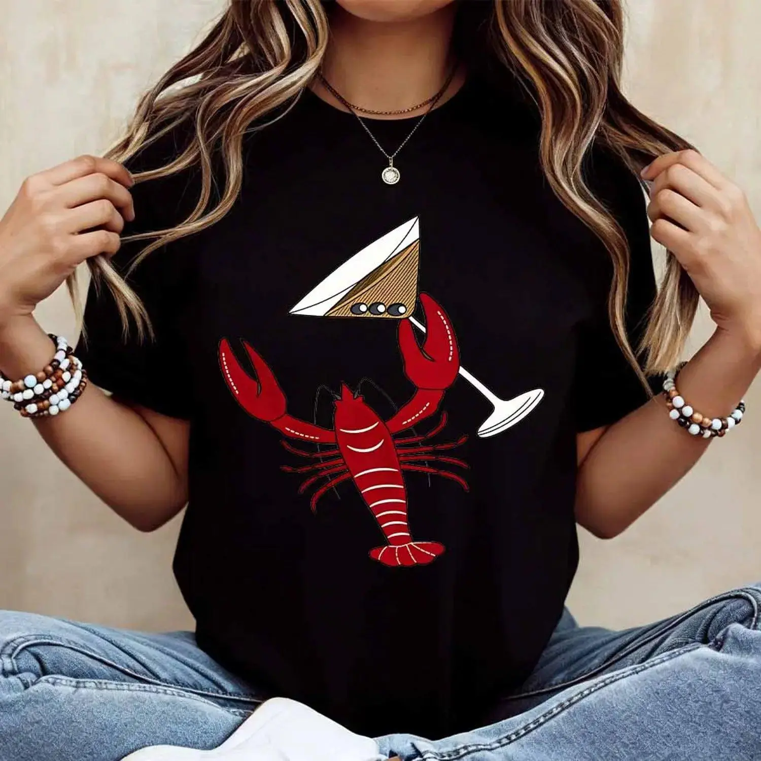 lobster and cocktail glass print T shirt casual short sleeve round neck top summer fashion trendy graphic tee unisex relaxed everyday streetwear