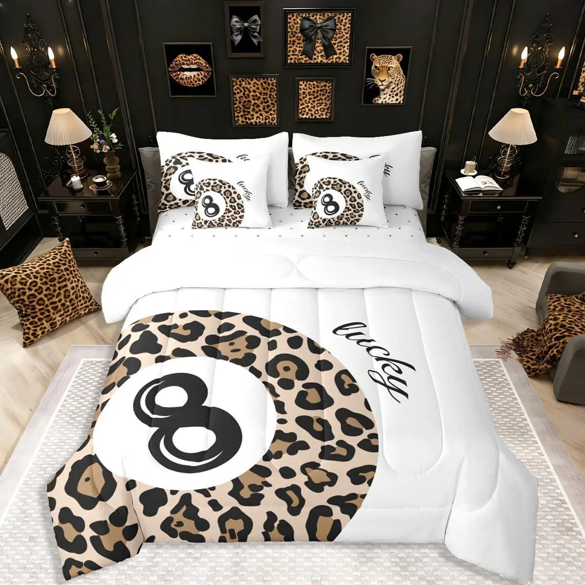 Lucky 8 Ball Comforter Set,7 Piece Bed in A Bag,Kids Funky Cheetah Print Bedding Set,Aesthetic Y2K Leopard Comforter and Sheets Fashion Trendy Bed Set,Vintage Coquette Room Decor, Bed Comforter Set