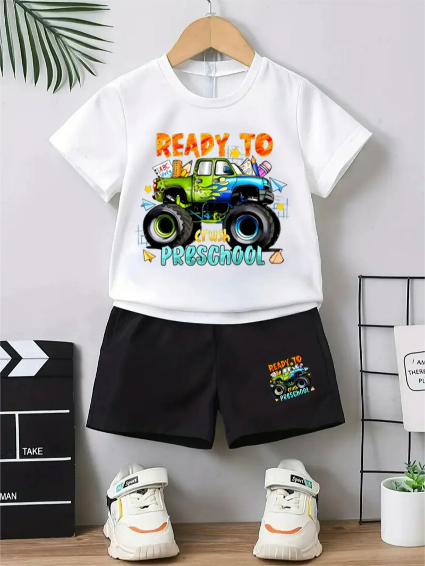 Two-piece Set Toddler Boy's Cartoon Truck Print Short Sleeve Tee & Letter Print Shorts, Casual Round Neck T-shirt & Elastic Waist Shorts, Summer Outfi