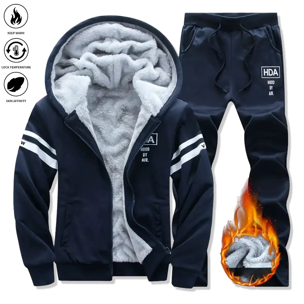 Men's 2-Piece Sherpa Thermal Lined Sweat Suit - Long Sleeve Letter Print Hoodie, Zippered Pockets Pants, Fitted Polyester Athletic Male Outfit for Menswear Fashion, Tracksuit Set