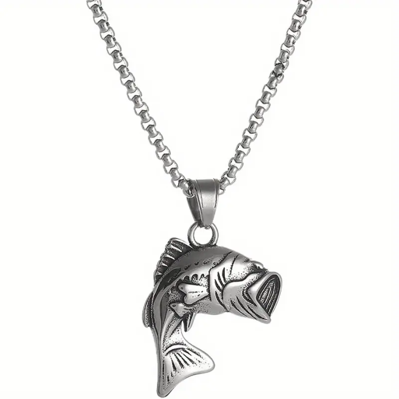 Dainty Boho Necklace with Animal Pendant, Zinc Alloy Leaping Bass Fishing Amulet, Casual Trendy Jewelry for Fishermen, Daily Wear Necklace, Ethnic, Unisex, Chain Jewelry Necklaces