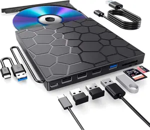 7-in-1 Extemal CD/DVD Drive for Laptop,USB 3.0 & Type-C Portable CD/DvD Rw Burner with SD/TF Card Reader &DVD-ROM Rewritable Player，Compatible with Laptop Pc Desktop, Windows11/10/8/7 Linux Mac os