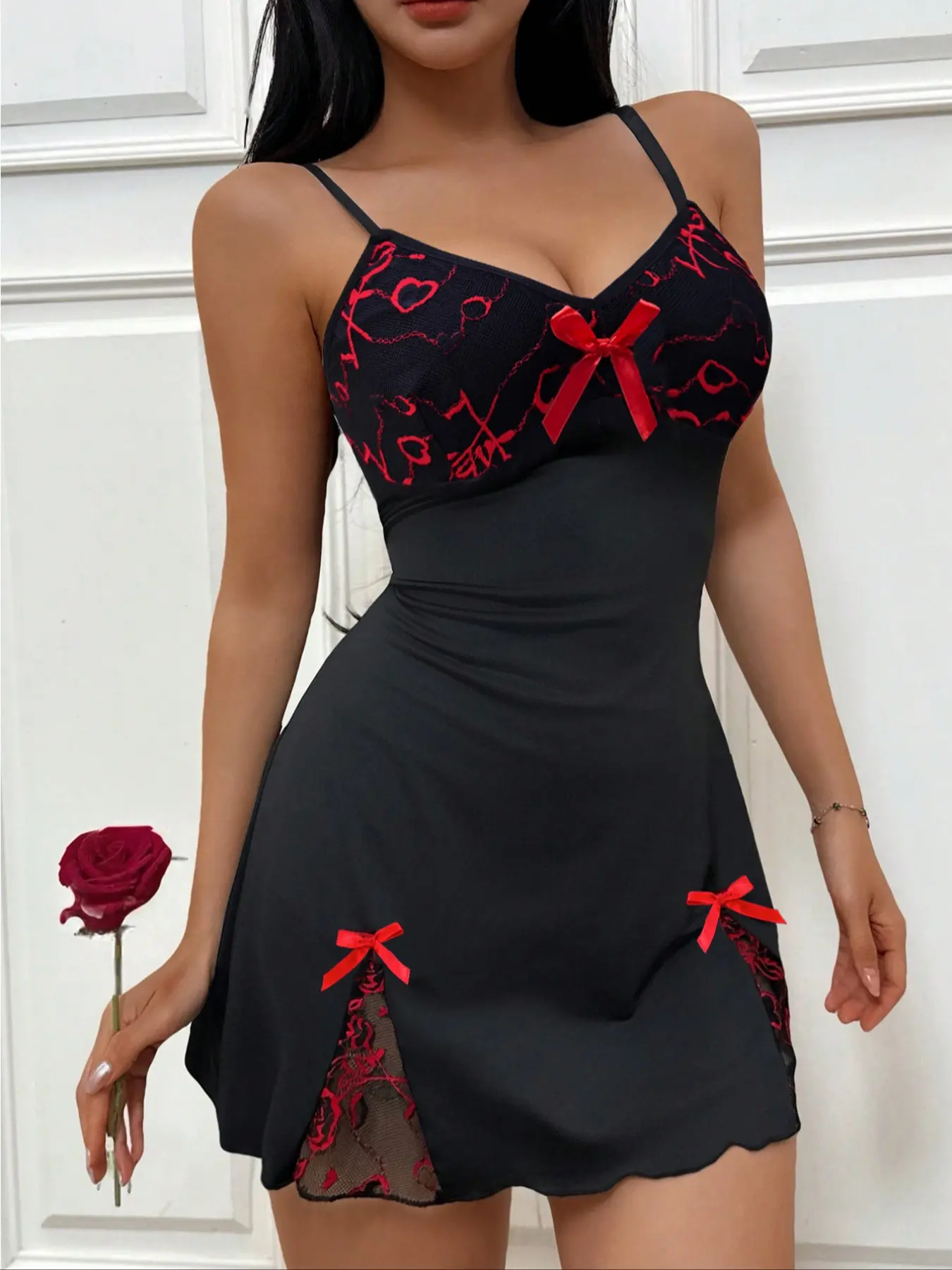 Women's Chic Elegant Split Back Strap Nightgown, Elegant Sleep Dress, Nightwear, Loungewear, Floral Lace Cup & Adjustable Straps, Soft Stretch Fabric, All Season