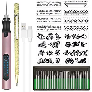 Rechargeable cordless Electric  Engraver Pen Mini DIY Engraving Tool Kit for Metal Glass Ceramic Plastic   with 30 Bits and 16 Stencils and 1 Scriber Pen (Rose )