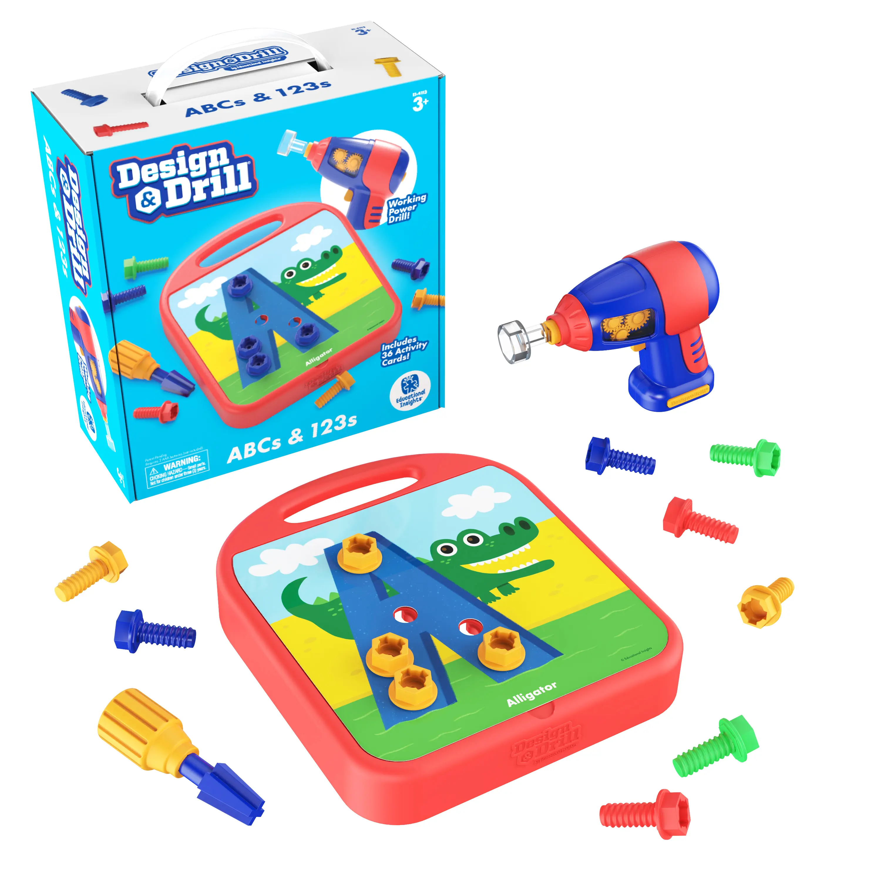 Educational Insights 90-Piece Design & Drill ABCs & 123s STEM Learning Toy with Electric Drill for Kids Ages 3+
