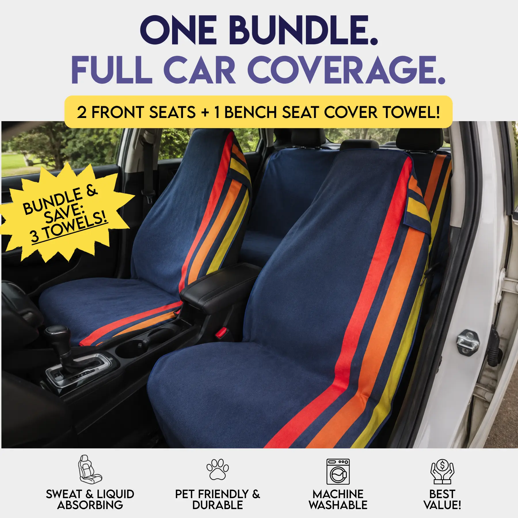 SET OF 3: Racing Stripes Car Seat Cover Towels! (2) Front Seat covers, (1) Back Bench cover